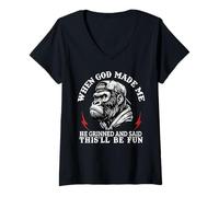 Women's When God Made Me He Grinned and Said This'll Be Fun Monkey V-Neck T-Shirt