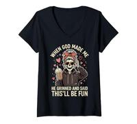 Women's When God Made Me He Grinned and Said This'll Be Fun V-Neck T-Shirt