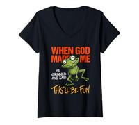 Women's When God Made Me He Grinned Funny Frog Sarcastic Meme V-Neck T-Shirt
