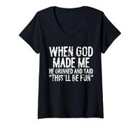 Womens When God Made Me He Grinned, Said This Will Be Fun Christian V-Neck T-Shirt