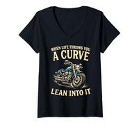 Women's When Life Throws You A Curve Lean Into It Motorcycle Rider V-Neck T-Shirt