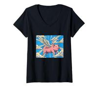 Women's When Pigs Fly Cartoon Surreal Animal Artwork V-Neck T-Shirt