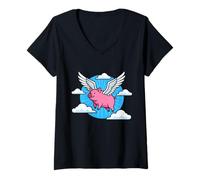 Women's When Pigs Fly Surreal Wings Clouds V-Neck T-Shirt