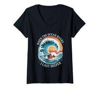 Womens When The Ocean Roars I Cast Deeper Summer Saltwater Fishing V-Neck T-Shirt