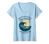 Womens When You Pass Through Deep Waters Christian Verse V-Neck T-Shirt