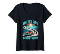 Womens Where I Ride, No Roads Needed Jet Ski Summer V-Neck T-Shirt