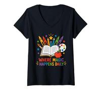 Women's Where Magic Happens Daily Teacher Classroom School V-Neck T-Shirt