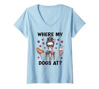 Womens Where My Dogs At Hotdog Patriotic Hot Dogs American USA Flag V-Neck T-Shirt