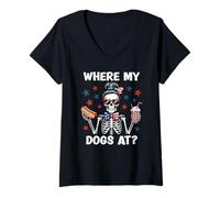 Womens Where My Dogs At Wiener Patriotic Hotdog American USA Flag V-Neck T-Shirt