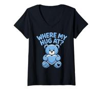 Womens Where My Hug at Bear Holding Heart Love Bears V-Neck T-Shirt