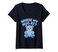 Womens Where My Hug at Bear Holding Heart Love Hugs Cute Bear V-Neck T-Shirt