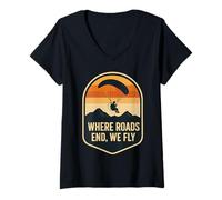 Womens Where Roads End We Fly Paragliding Sunset V-Neck T-Shirt
