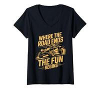 Womens Where The Road Ends Rail Racing Offroad Car Dune Buggy V-Neck T-Shirt