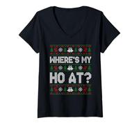 Womens Where's My Ho at Christmas Ugly Sweaters Funny Santa Ho Xmas V-Neck T-Shirt