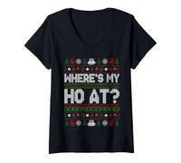 Womens Where's My Ho at Christmas Ugly Sweaters Funny Santa Xmas V-Neck T-Shirt