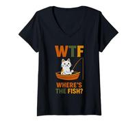 Womens Where's The Fish - Funny Pun Cat Fishing Lover V-Neck T-Shirt