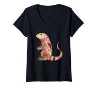 Womens Whimsical Boho Iguana Floral Patchwork Reptile V-Neck T-Shirt
