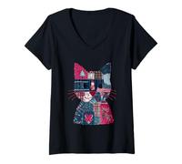 Womens Whimsical Christmas Cat Patchwork Magic V-Neck T-Shirt