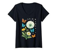 Womens Whimsical Dandelion & Butterfly Floral Design Shapes Mania V-Neck T-Shirt