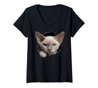 Women's Whimsical Devon Rex Cat Blue Eyes Peeking Through V-Neck T-Shirt