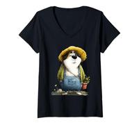 Women's Whimsical Dog Gardener Overalls Straw Hat V-Neck T-Shirt