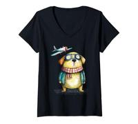 Women's Whimsical Dog Pilot Flying Adventure Design V-Neck T-Shirt