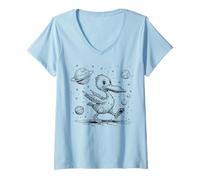 Women's Whimsical Duck Exploring Outer Space Planets Stars V-Neck T-Shirt
