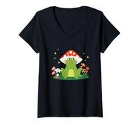 Womens Whimsical Forest Creature with Mushroom Hat and Flowers V-Neck T-Shirt