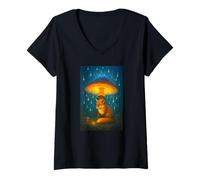 Womens Whimsical Fox Under Mushroom Canopy V-Neck T-Shirt
