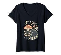 Women's Whimsical Goblincore Raccoon Exploring The Mystical Woods V-Neck T-Shirt