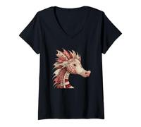 Womens Whimsical Patchwork Dragon Head Quilting Fantasy V-Neck T-Shirt