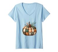 Womens Whimsical Patchwork Pumpkin Design - Cozy Autumn Folk Art V-Neck T-Shirt