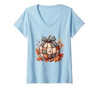 Womens Whimsical Patchwork Pumpkin Design - Cozy Autumn Folk Art V-Neck T-Shirt