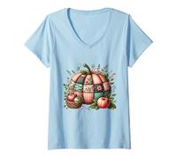 Womens Whimsical Patchwork Pumpkin Design - Cozy Autumn Folk Art V-Neck T-Shirt