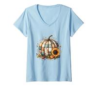 Womens Whimsical Patchwork Pumpkin Design - Cozy Autumn Folk Art V-Neck T-Shirt