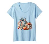 Womens Whimsical Patchwork Pumpkin Design - Cozy Autumn Folk Art V-Neck T-Shirt