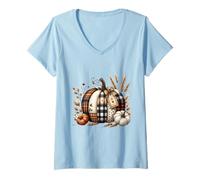 Womens Whimsical Patchwork Pumpkin Design - Cozy Autumn Folk Art V-Neck T-Shirt