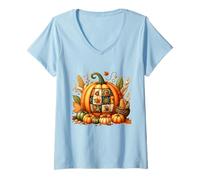 Womens Whimsical Patchwork Pumpkin Design - Cozy Autumn Folk Art V-Neck T-Shirt
