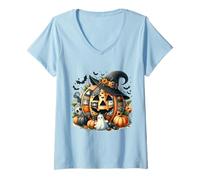 Womens Whimsical Patchwork Pumpkin Design - Cozy Halloween Folk Art V-Neck T-Shirt