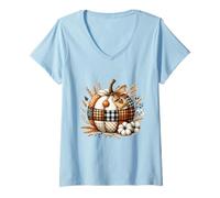 Womens Whimsical Patchwork Pumpkin Design - Cozy Halloween Folk Art V-Neck T-Shirt