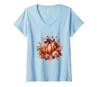 Womens Whimsical Patchwork Pumpkin Design - Cozy Halloween Folk Art V-Neck T-Shirt