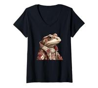 Womens Whimsical Patchwork Toad in Vintage Coat V-Neck T-Shirt