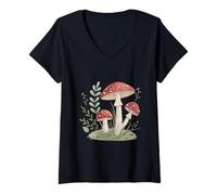 Womens Whimsical Red Toadstools in Garden Meadow V-Neck T-Shirt