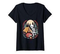 Women's Whimsical Skeleton Hiker Navigating the Tall Mountain Trails V-Neck T-Shirt