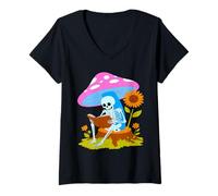 Womens Whimsical Skeleton Reading Book Under Mushroom V-Neck T-Shirt