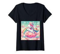 Womens Whimsical Unicorn Dances on a Cotton Candy V-Neck T-Shirt