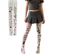Womens Whimsy Twee Funky Tights Emo Goth Patterned Tights Y2k Alt Fun Stockings 2000s Harajuku Cutecore Accessories (White,One Size)