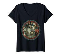 Womens Whippet Brindle Vintage Floral V-Neck T-Shirt