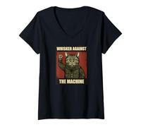 Womens Whisker Against The Machine Protest Cat Rebel V-Neck T-Shirt