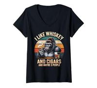 Womens Whiskey Cigars Gorilla Drinking Bourbon Alcohol Lover V-Neck T-Shirt